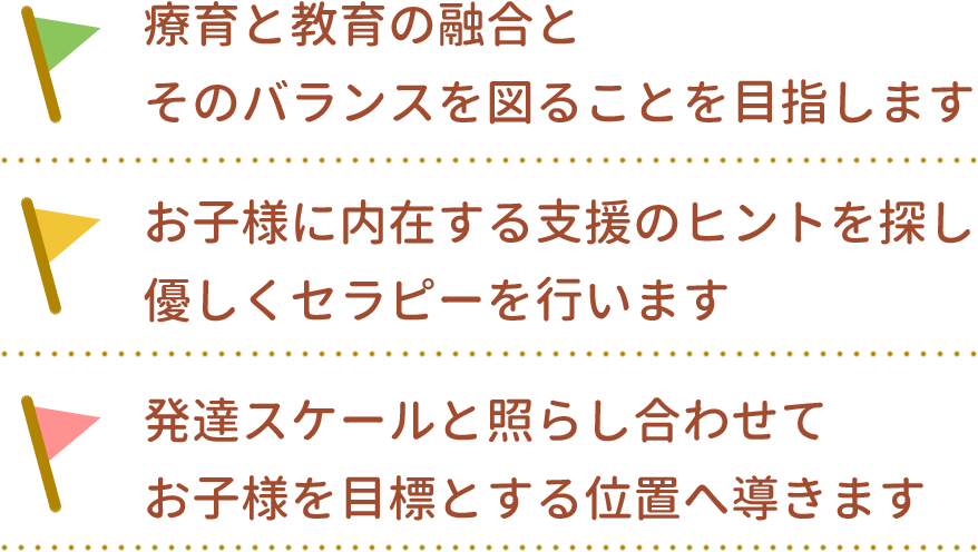 1.療育と教育の融合とそのバランスを図ることを目指します　2.お子様に内在する支援のヒントを探し
優しくセラピーを行います　3.発達スケールと照らし合わせてお子様を目標とする位置へ導きます